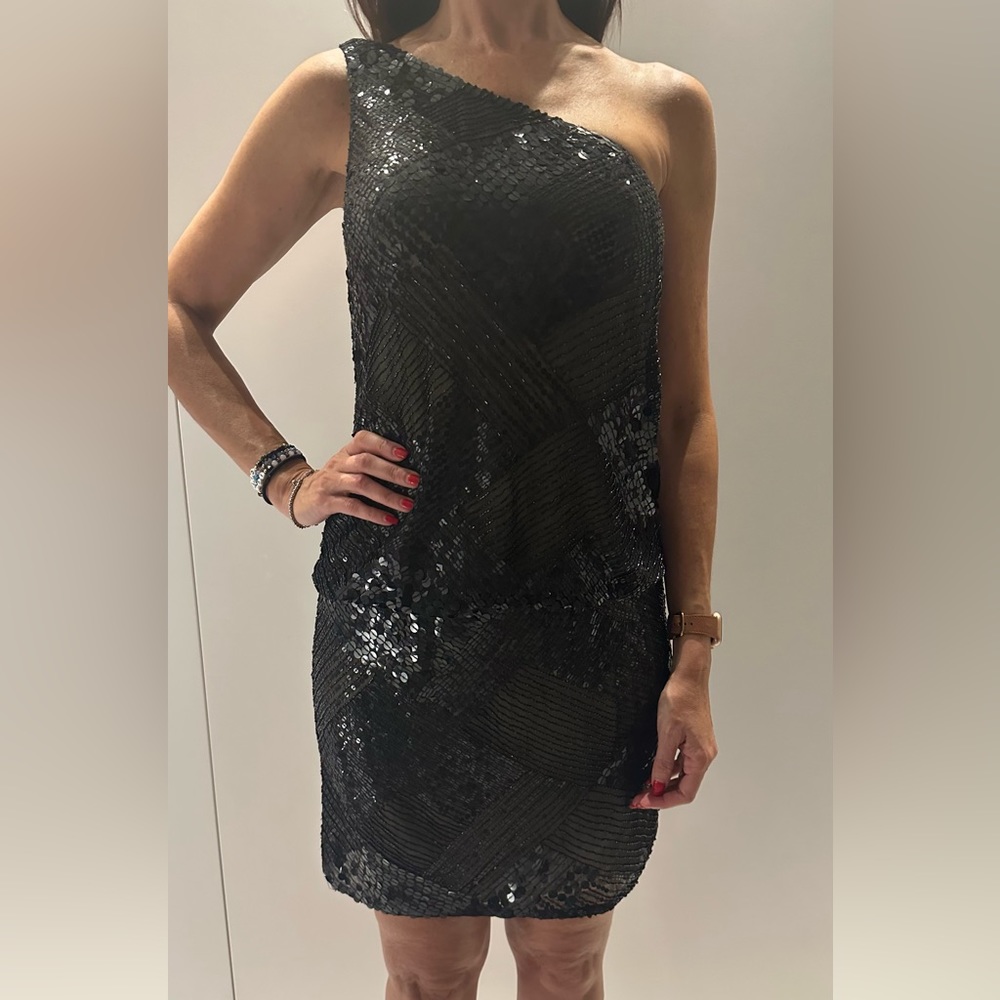 Black silk sequin one shoulder dress